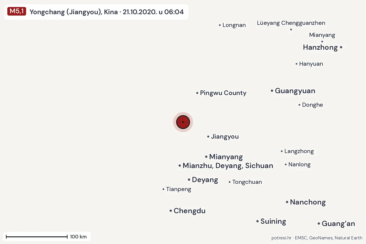 Karta: šire područje, 600 km, potres M5,1, Yongchang (Jiangyou), Kina, 21.10.2020.
