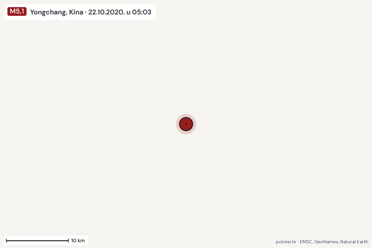 Karta: okolica epicentra, 60 km, potres M5,1, Yongchang, Kina, 22.10.2020.