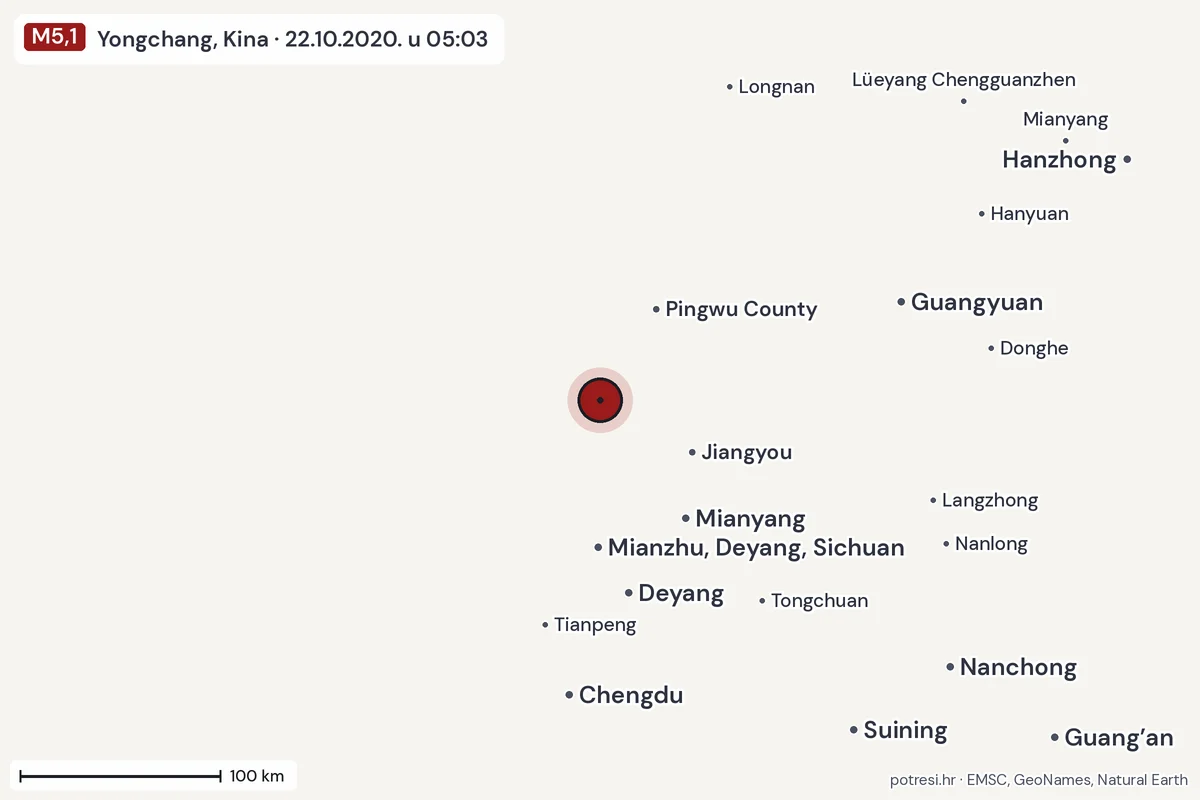 Karta: šire područje, 600 km, potres M5,1, Yongchang, Kina, 22.10.2020.