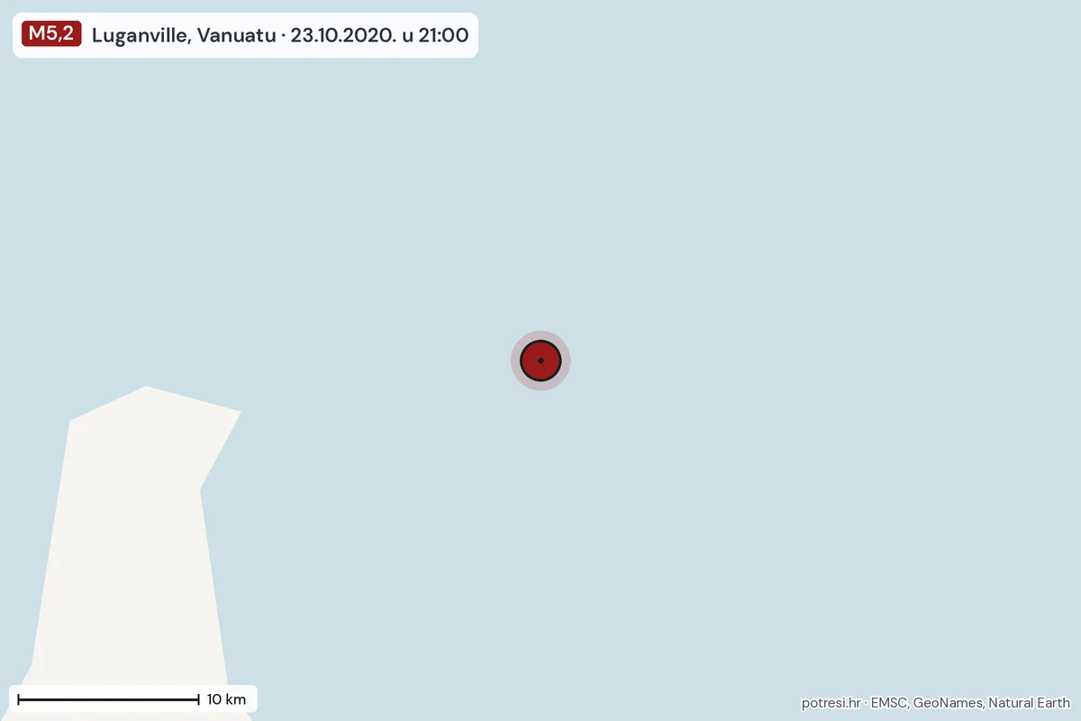 Karta: okolica epicentra, 60 km, potres M5,2, Luganville, Vanuatu, 23.10.2020.