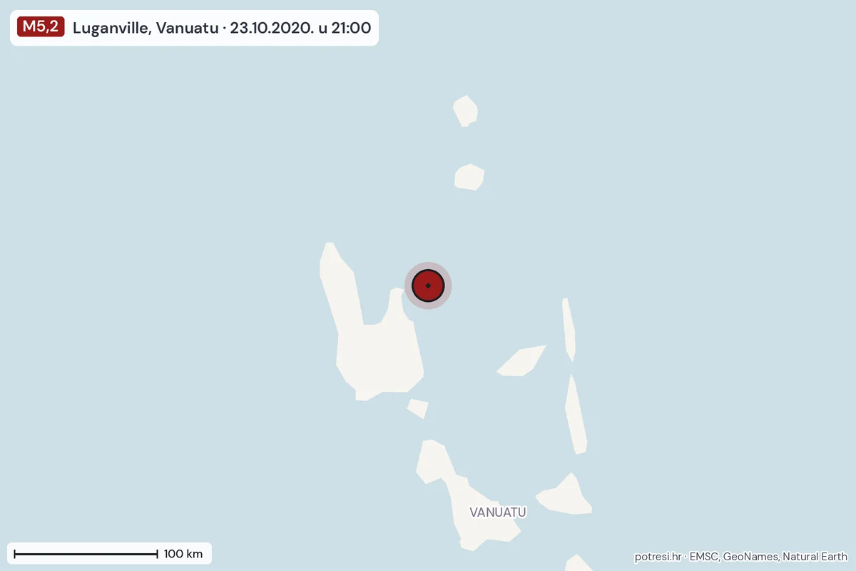 Karta: šire područje, 600 km, potres M5,2, Luganville, Vanuatu, 23.10.2020.