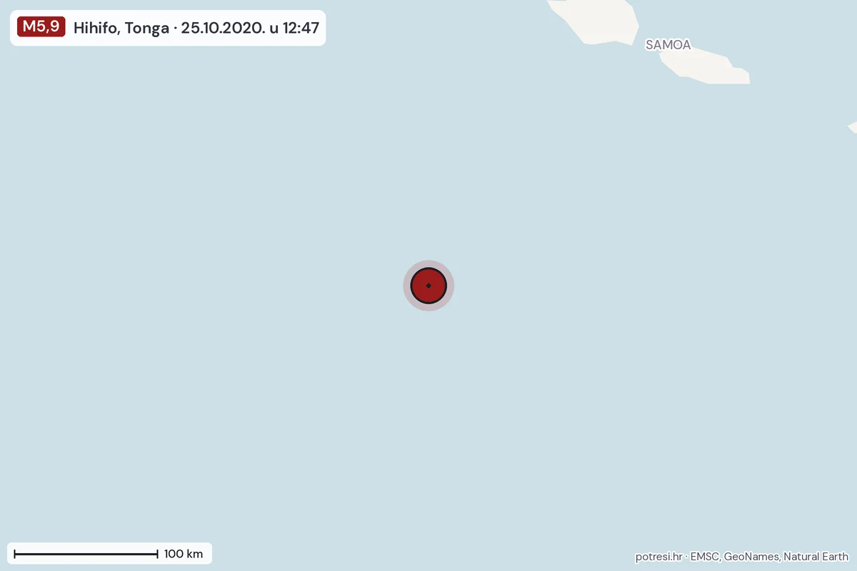 Karta: šire područje, 600 km, potres M5,9, Hihifo, Tonga, 25.10.2020.