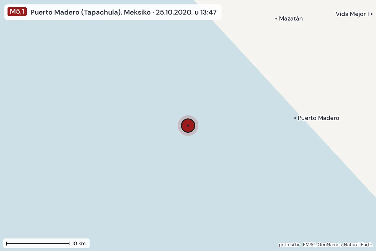 Karta: okolica epicentra, 60 km, potres M5,1, Puerto Madero (Tapachula), Meksiko, 25.10.2020.