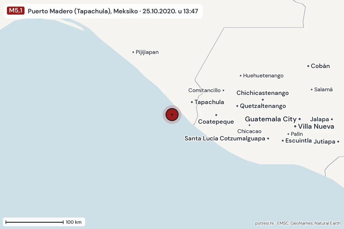 Karta: šire područje, 600 km, potres M5,1, Puerto Madero (Tapachula), Meksiko, 25.10.2020.