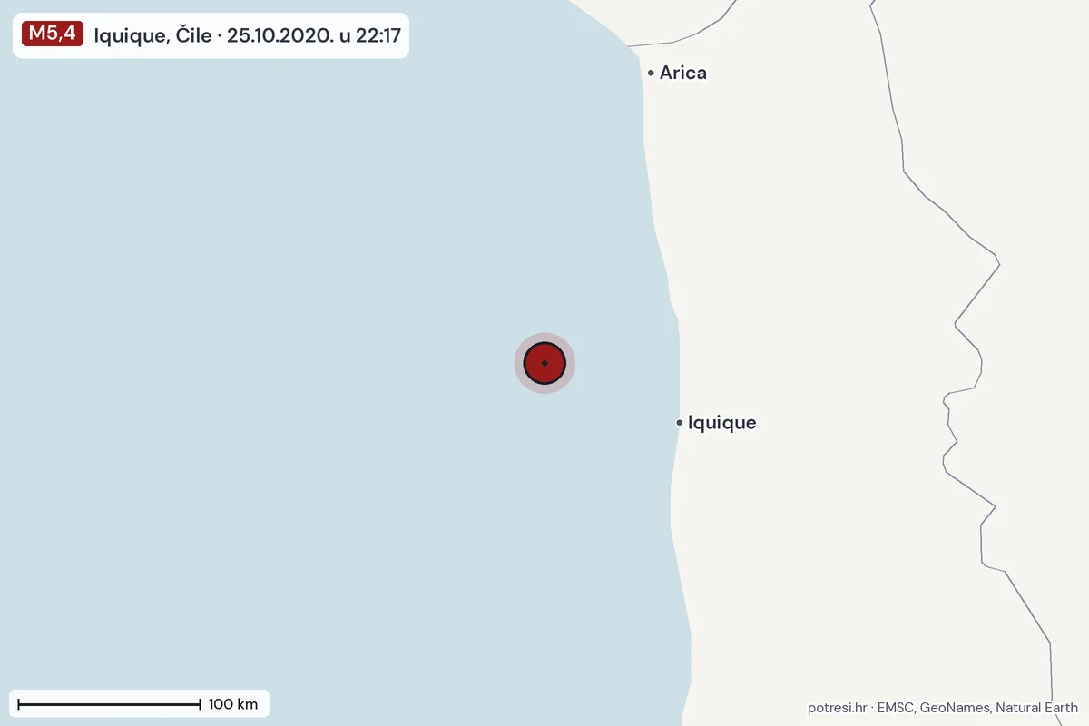 Karta: šire područje, 600 km, potres M5,4, Iquique, Čile, 25.10.2020.