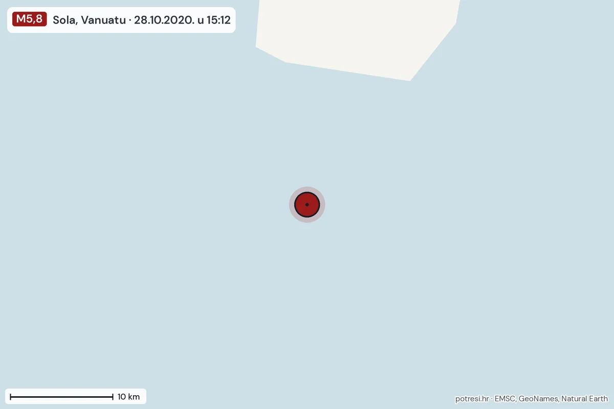 Karta: okolica epicentra, 60 km, potres M5,8, Sola, Vanuatu, 28.10.2020.