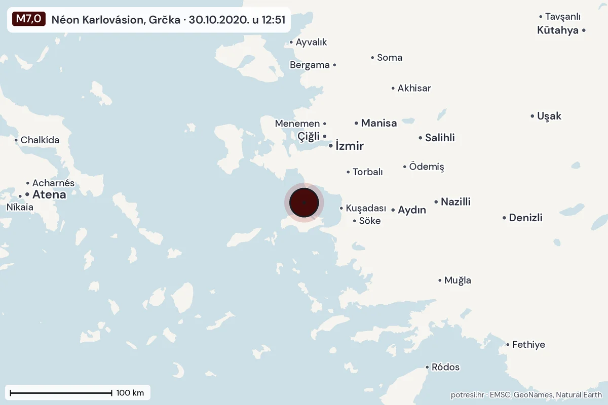 Karta: šire područje, 600 km, potres M7,0, Néon Karlovásion, Grčka, 30.10.2020.