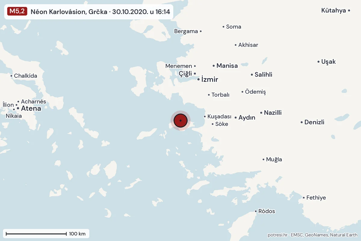 Karta: šire područje, 600 km, potres M5,2, Néon Karlovásion, Grčka, 30.10.2020.
