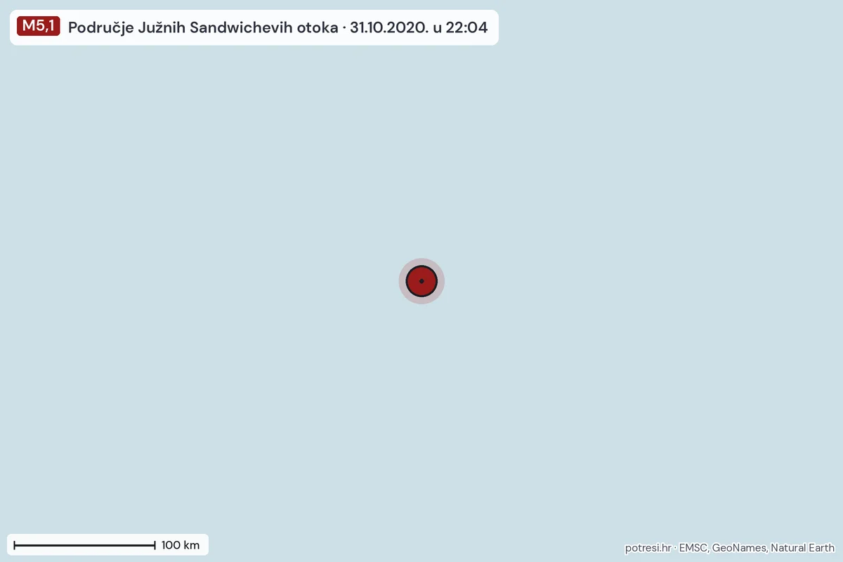 Karta: šire područje, 600 km, potres M5,1, Područje Južnih Sandwichevih otoka, 31.10.2020.