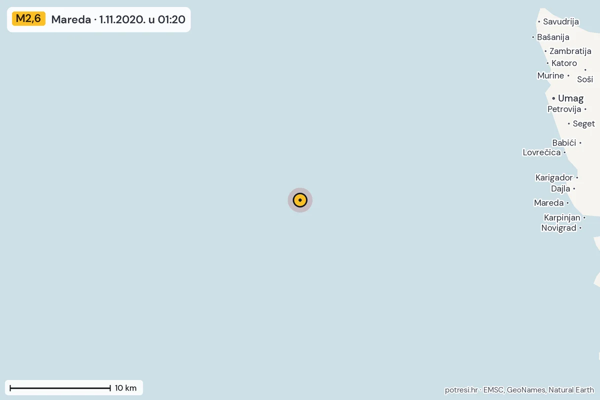 Karta: okolica epicentra, 60 km, potres M2,6, Mareda, 1.11.2020.