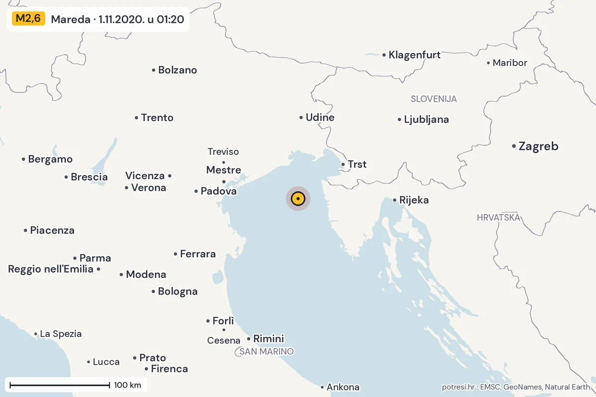 Karta: šire područje, 600 km, potres M2,6, Mareda, 1.11.2020.