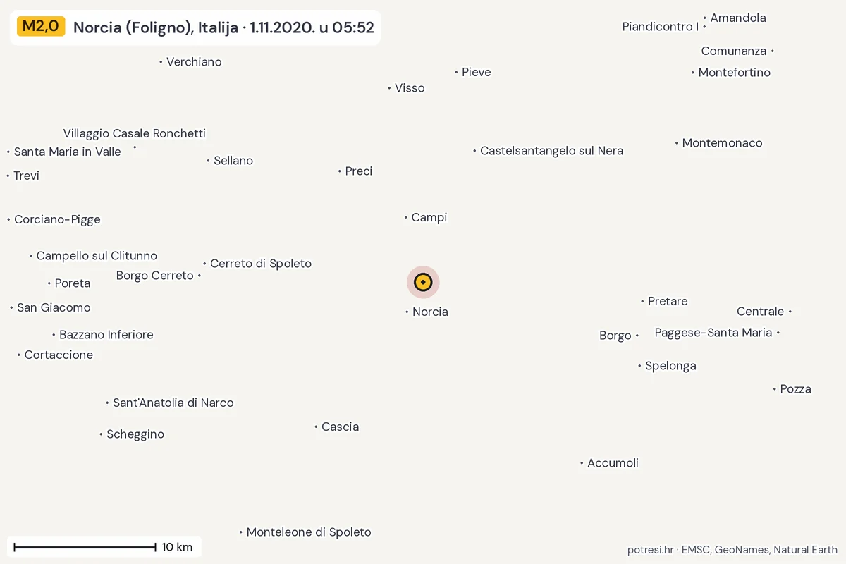 Karta: okolica epicentra, 60 km, potres M2,0, Norcia (Foligno), Italija, 1.11.2020.