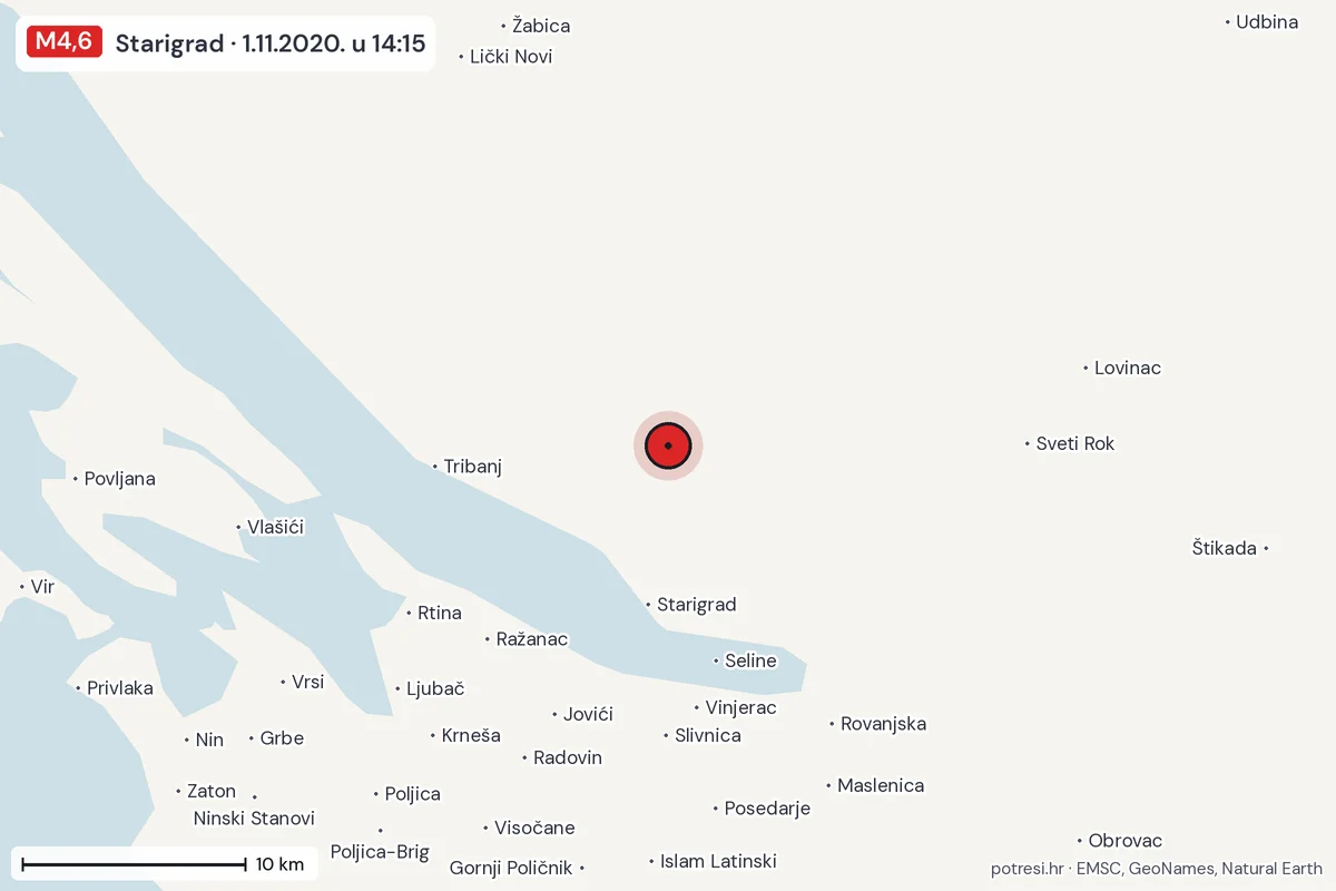 Karta: okolica epicentra, 60 km, potres M4,6, Starigrad, 1.11.2020.