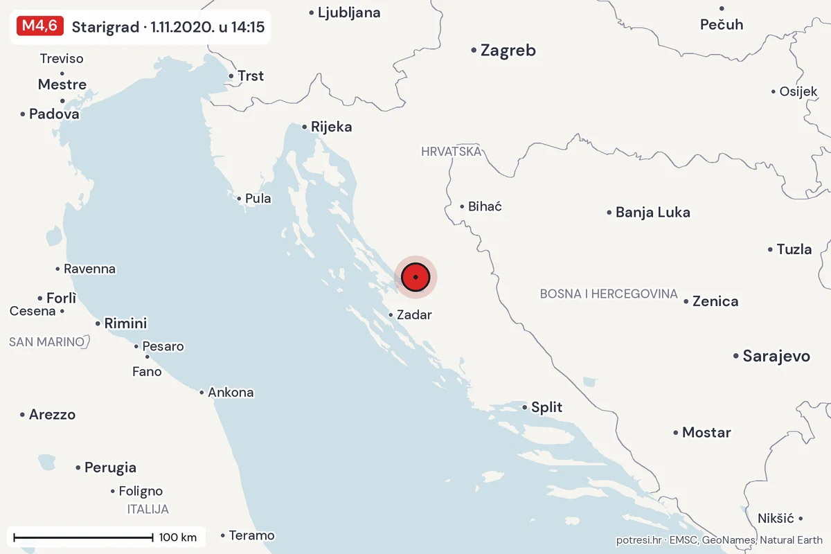 Karta: šire područje, 600 km, potres M4,6, Starigrad, 1.11.2020.