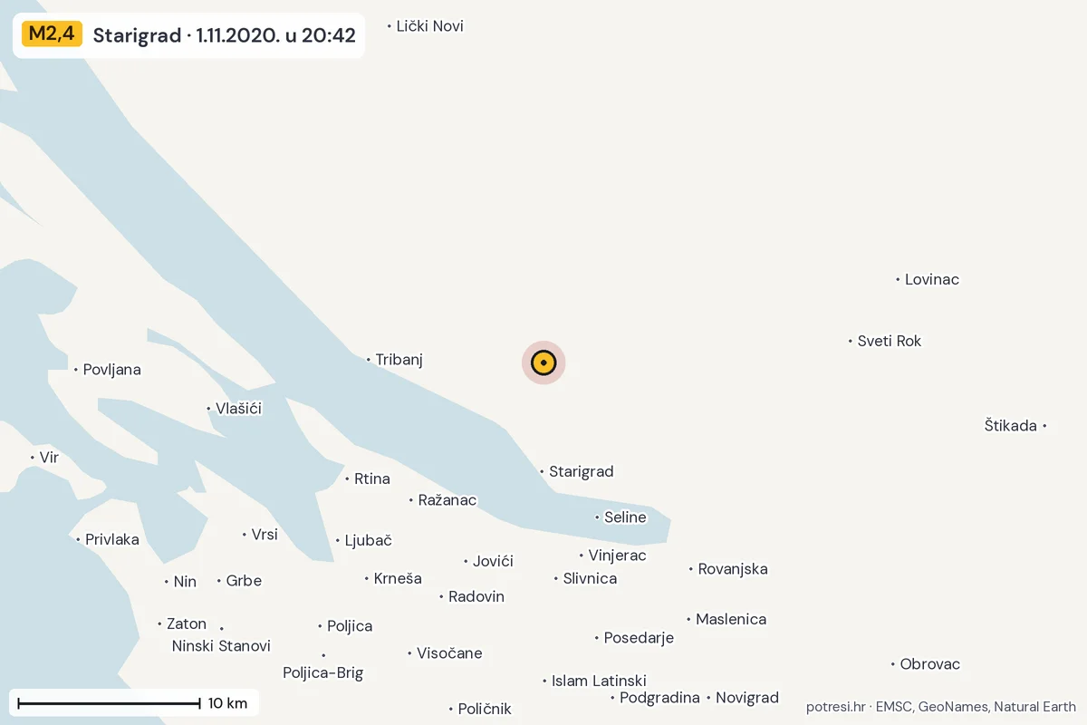 Karta: okolica epicentra, 60 km, potres M2,4, Starigrad, 1.11.2020.