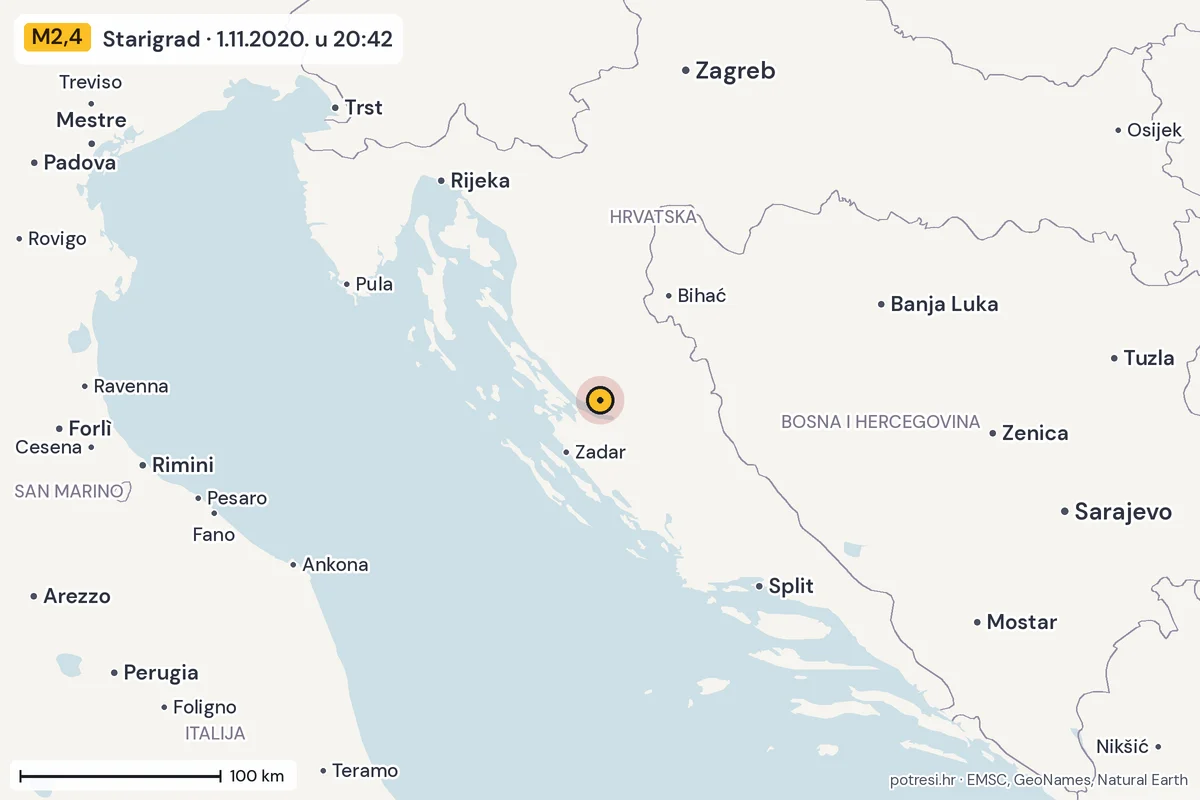 Karta: šire područje, 600 km, potres M2,4, Starigrad, 1.11.2020.