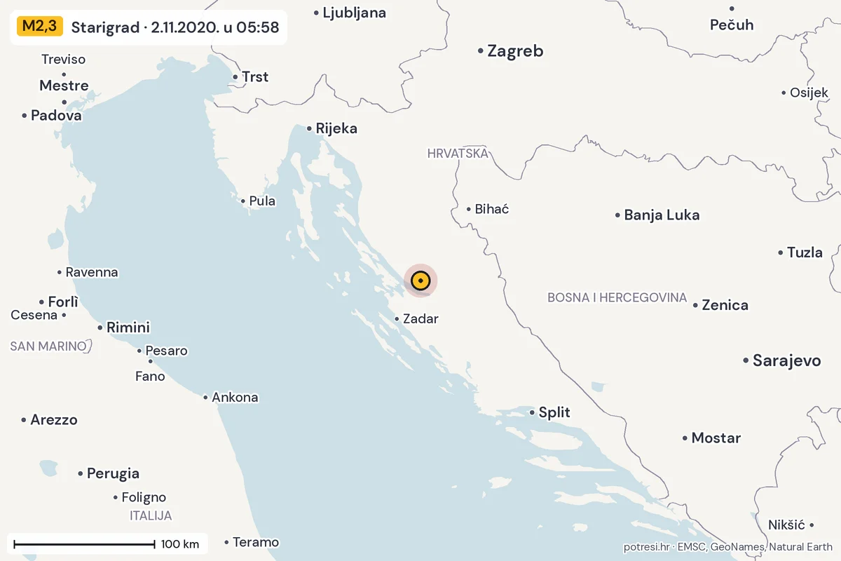 Karta: šire područje, 600 km, potres M2,3, Starigrad, 2.11.2020.