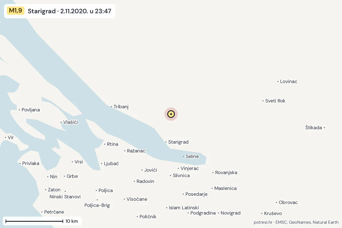 Karta: okolica epicentra, 60 km, potres M1,9, Starigrad, 2.11.2020.