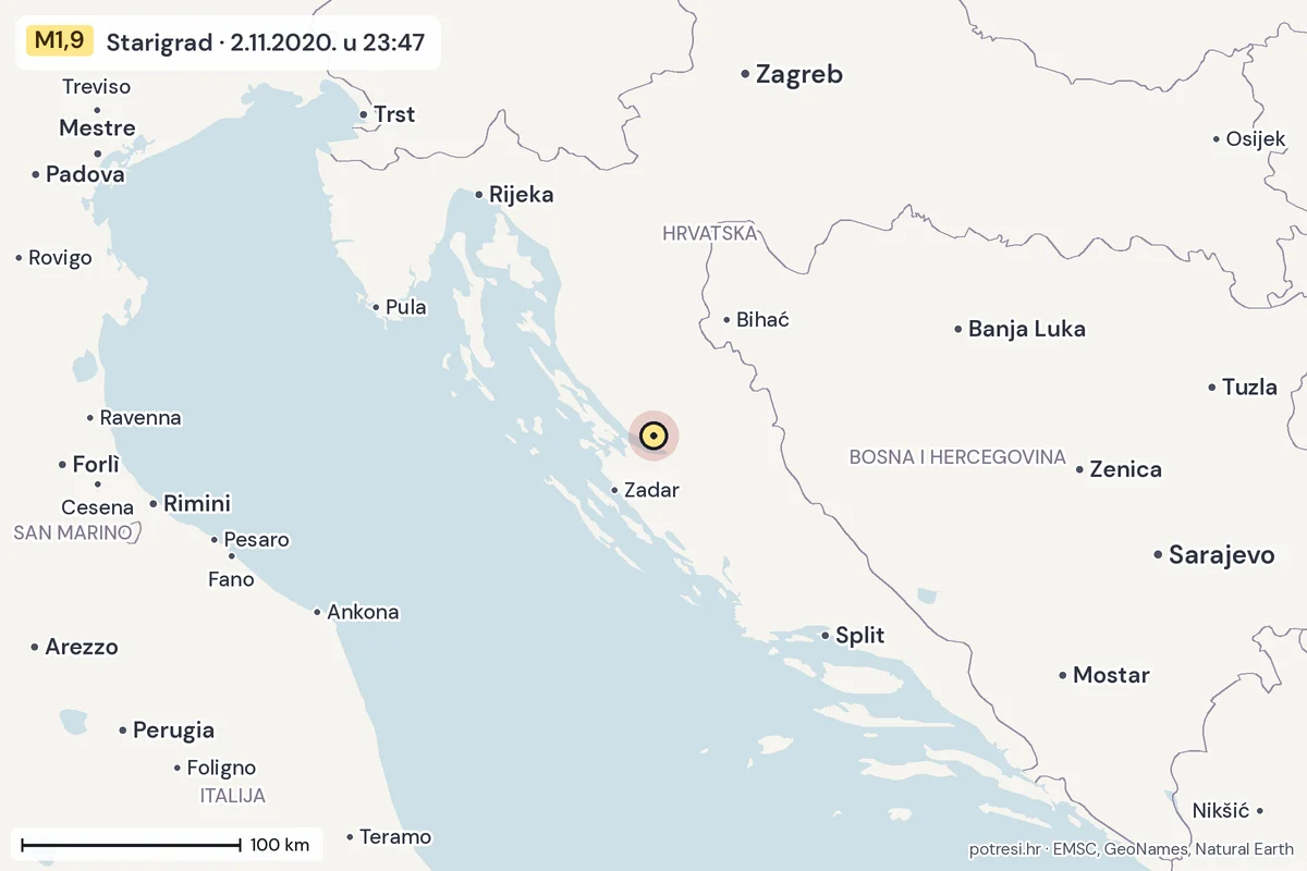 Karta: šire područje, 600 km, potres M1,9, Starigrad, 2.11.2020.