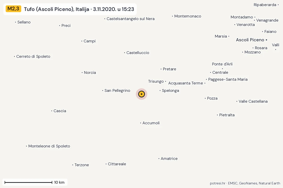 Karta: okolica epicentra, 60 km, potres M2,3, Tufo (Ascoli Piceno), Italija, 3.11.2020.