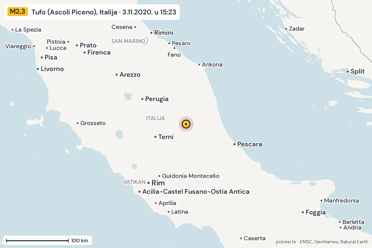 Karta: šire područje, 600 km, potres M2,3, Tufo (Ascoli Piceno), Italija, 3.11.2020.