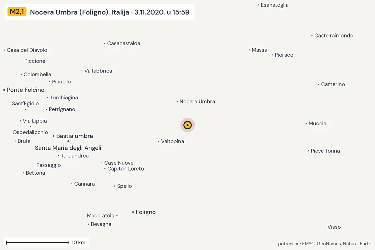 Karta: okolica epicentra, 60 km, potres M2,1, Nocera Umbra (Foligno), Italija, 3.11.2020.