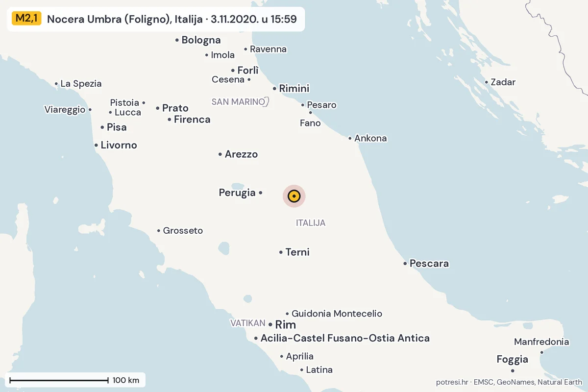 Karta: šire područje, 600 km, potres M2,1, Nocera Umbra (Foligno), Italija, 3.11.2020.