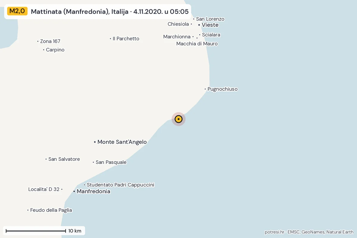 Karta: okolica epicentra, 60 km, potres M2,0, Mattinata (Manfredonia), Italija, 4.11.2020.