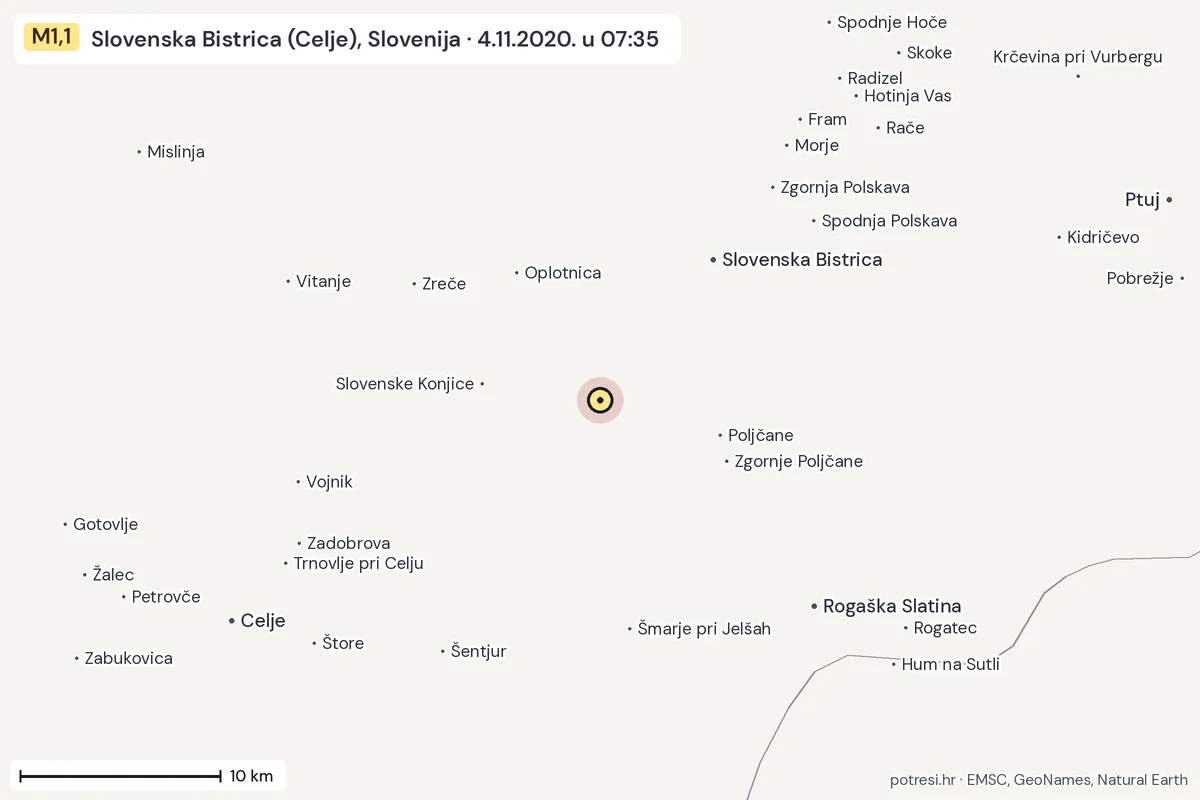 Karta: okolica epicentra, 60 km, potres M1,1, Slovenska Bistrica (Celje), Slovenija, 4.11.2020.