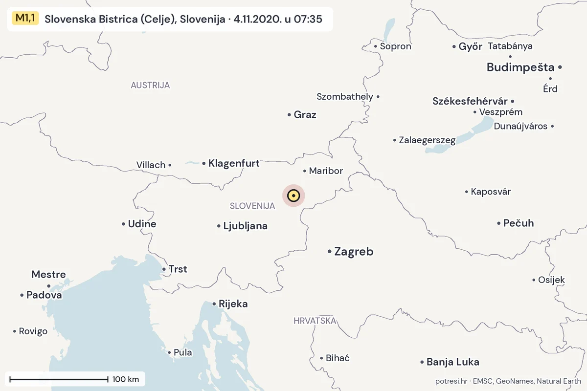 Karta: šire područje, 600 km, potres M1,1, Slovenska Bistrica (Celje), Slovenija, 4.11.2020.