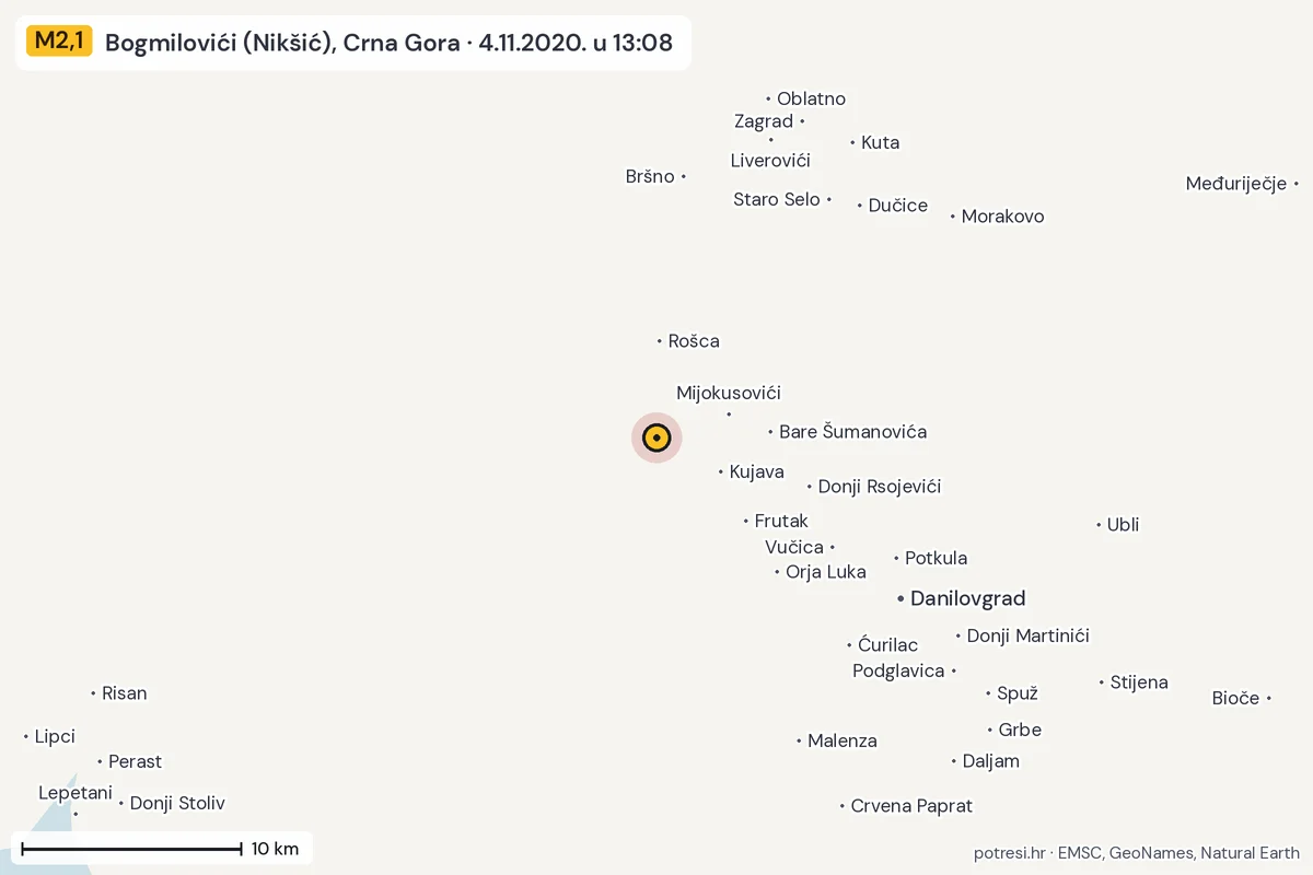 Karta: okolica epicentra, 60 km, potres M2,1, Bogmilovići (Nikšić), Crna Gora, 4.11.2020.