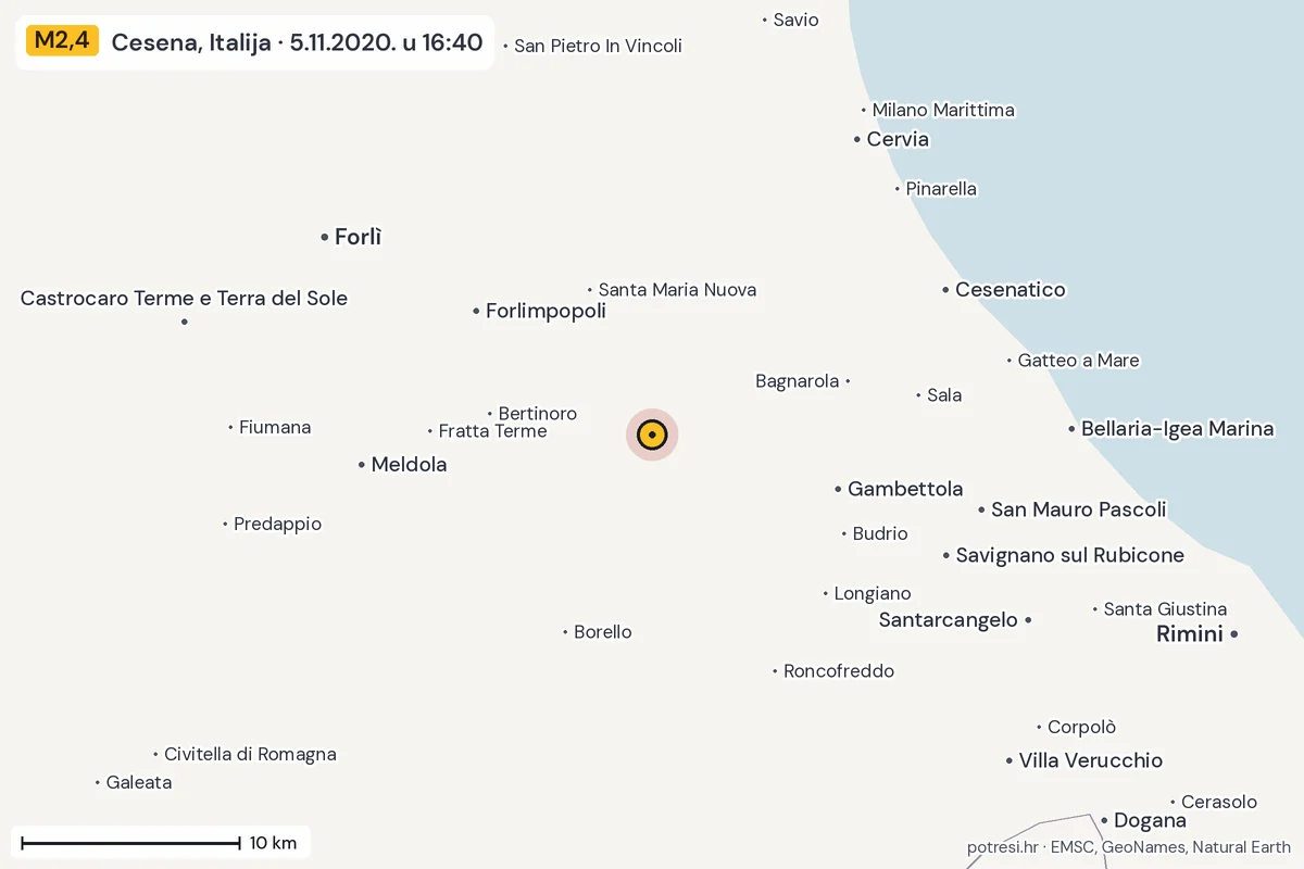 Karta: okolica epicentra, 60 km, potres M2,4, Cesena, Italija, 5.11.2020.