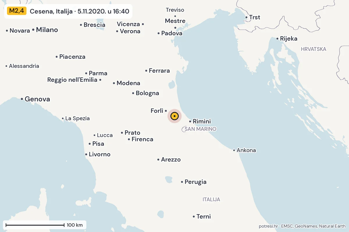 Karta: šire područje, 600 km, potres M2,4, Cesena, Italija, 5.11.2020.