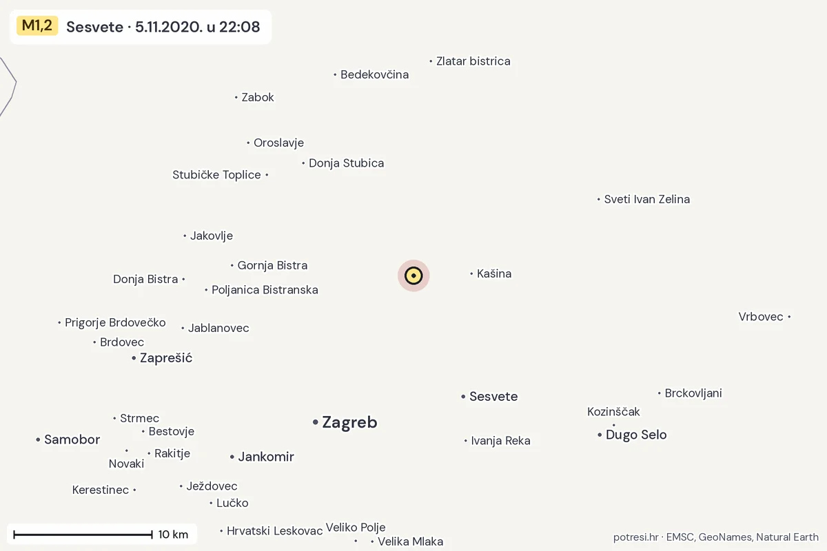Karta: okolica epicentra, 60 km, potres M1,2, Sesvete, 5.11.2020.