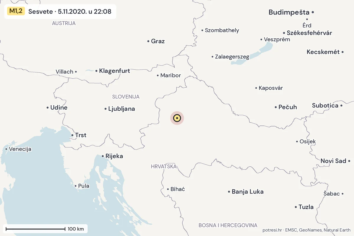 Karta: šire područje, 600 km, potres M1,2, Sesvete, 5.11.2020.