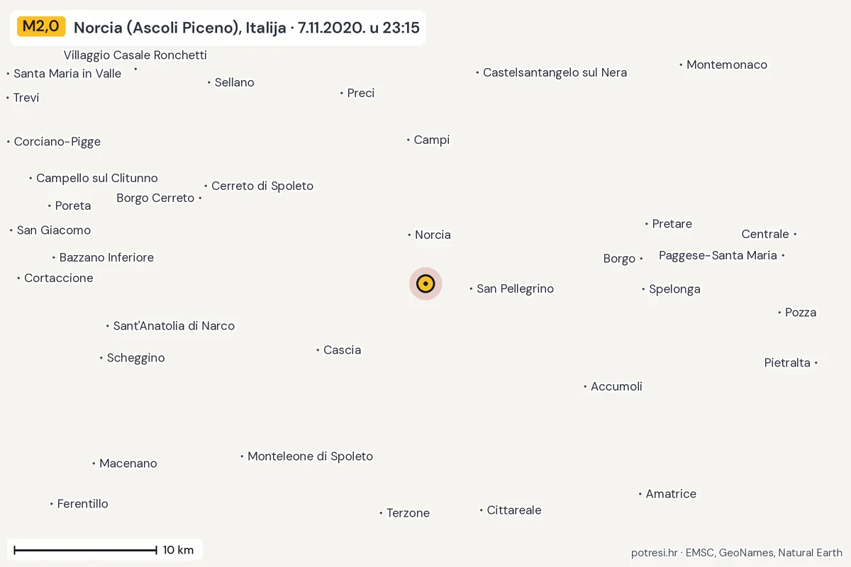 Karta: okolica epicentra, 60 km, potres M2,0, Norcia (Ascoli Piceno), Italija, 7.11.2020.