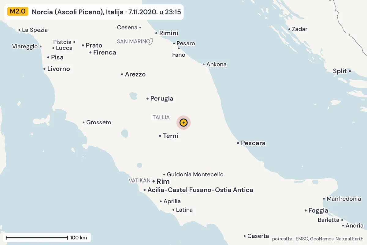 Karta: šire područje, 600 km, potres M2,0, Norcia (Ascoli Piceno), Italija, 7.11.2020.