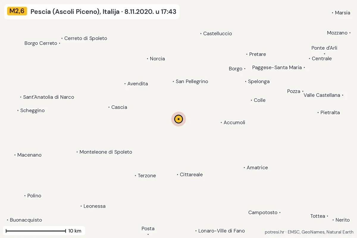 Karta: okolica epicentra, 60 km, potres M2,6, Pescia (Ascoli Piceno), Italija, 8.11.2020.
