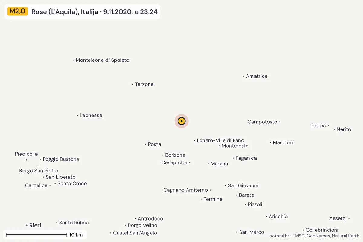 Karta: okolica epicentra, 60 km, potres M2,0, Rose (L'Aquila), Italija, 9.11.2020.