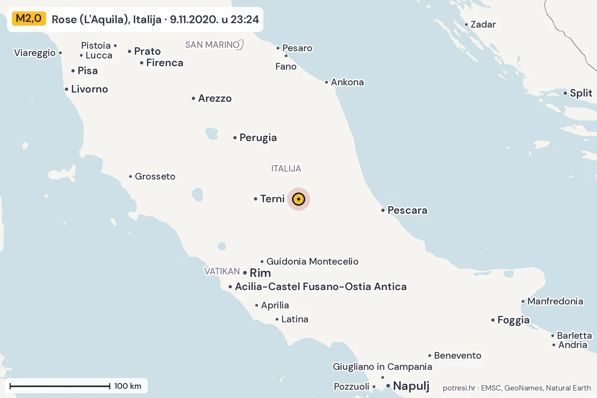 Karta: šire područje, 600 km, potres M2,0, Rose (L'Aquila), Italija, 9.11.2020.