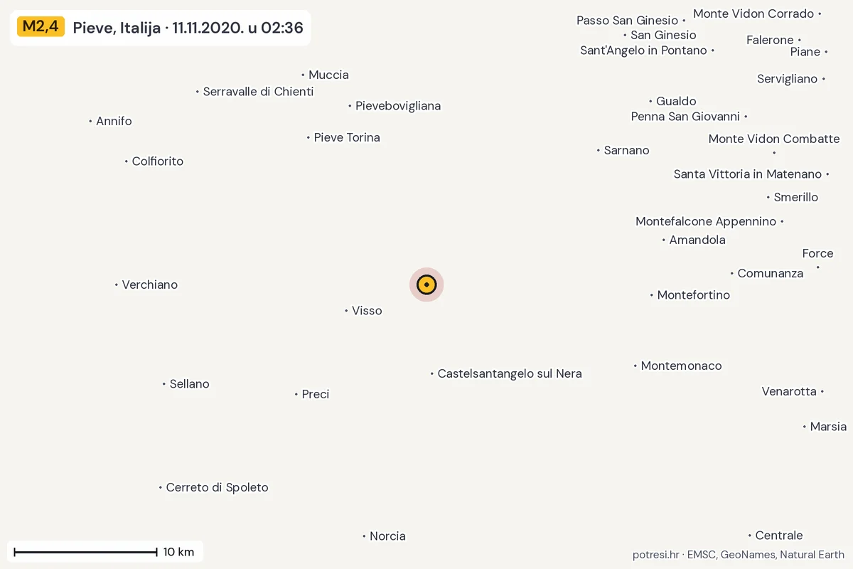 Karta: okolica epicentra, 60 km, potres M2,4, Pieve, Italija, 11.11.2020.