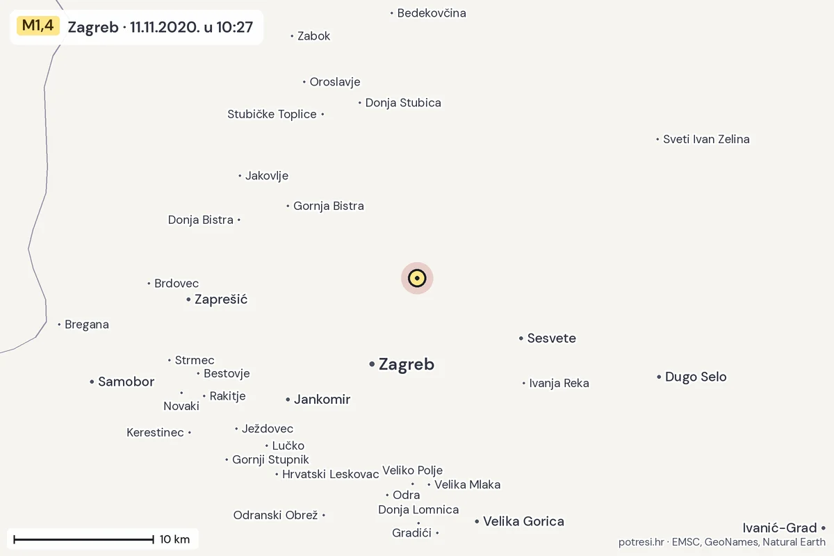 Karta: okolica epicentra, 60 km, potres M1,4, Zagreb, 11.11.2020.