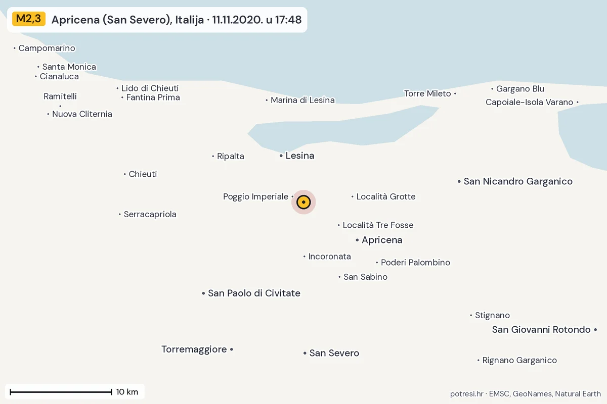 Karta: okolica epicentra, 60 km, potres M2,3, Apricena (San Severo), Italija, 11.11.2020.