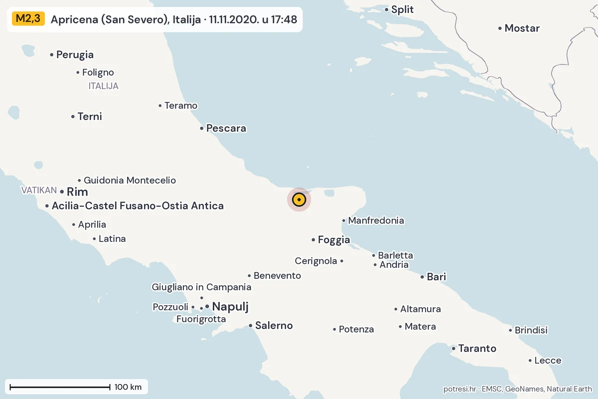 Karta: šire područje, 600 km, potres M2,3, Apricena (San Severo), Italija, 11.11.2020.