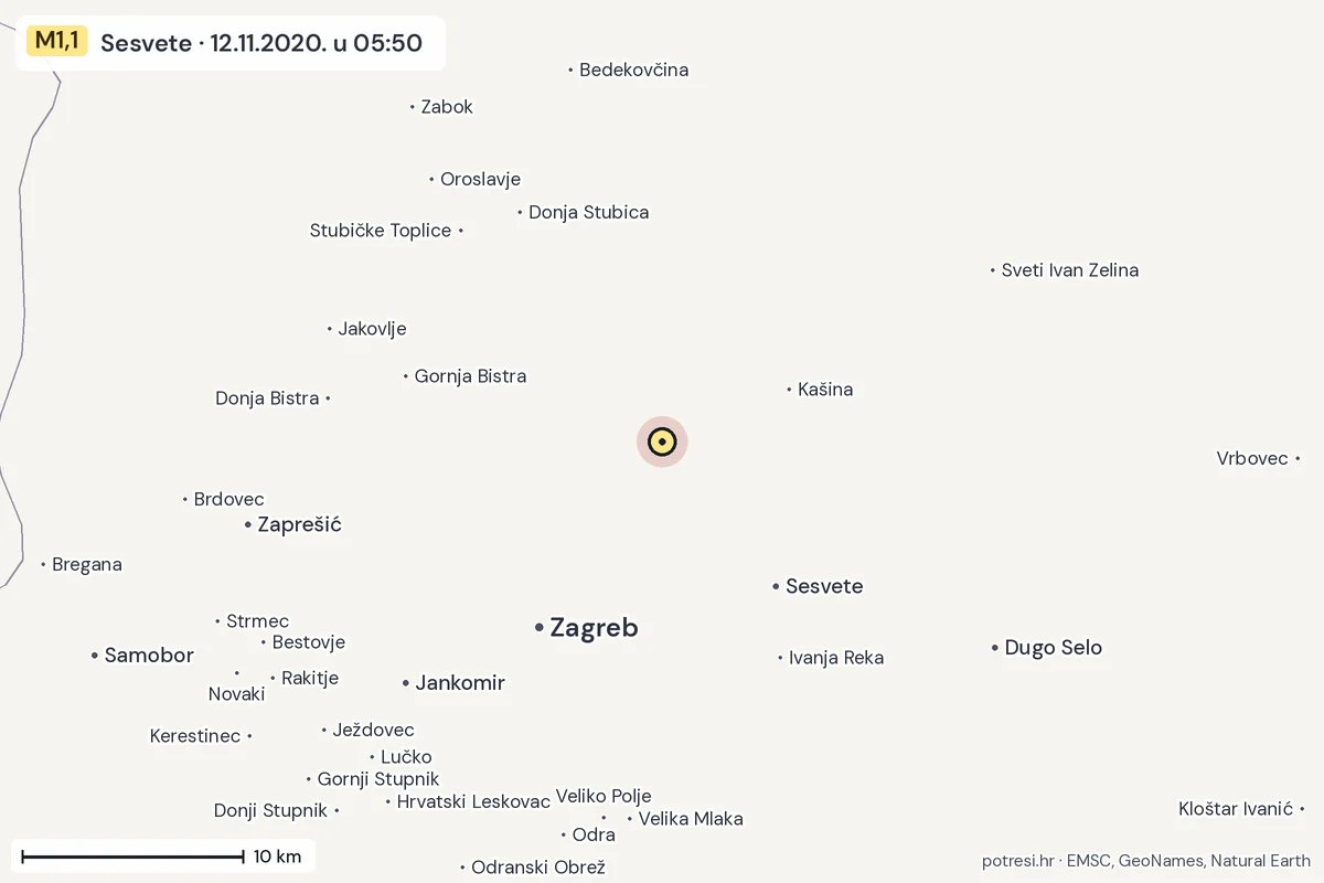 Karta: okolica epicentra, 60 km, potres M1,1, Sesvete, 12.11.2020.