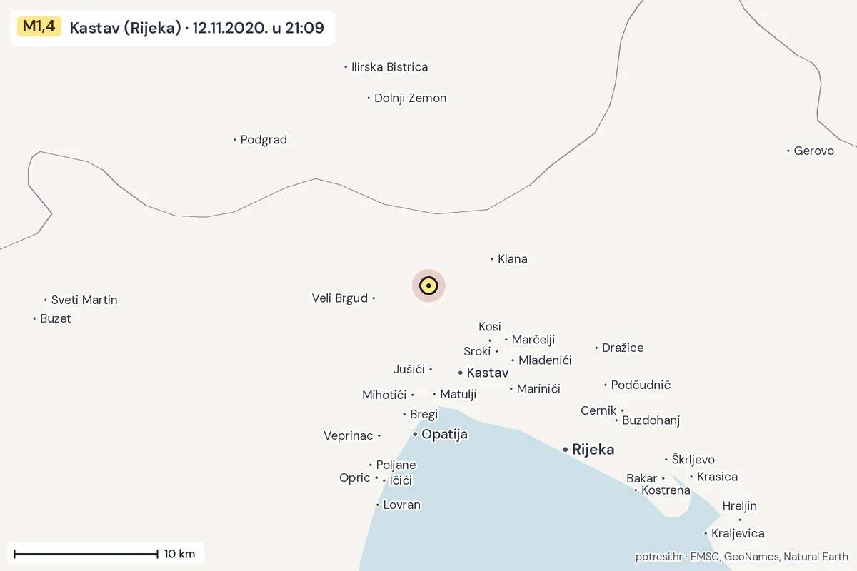 Karta: okolica epicentra, 60 km, potres M1,4, Kastav (Rijeka), 12.11.2020.