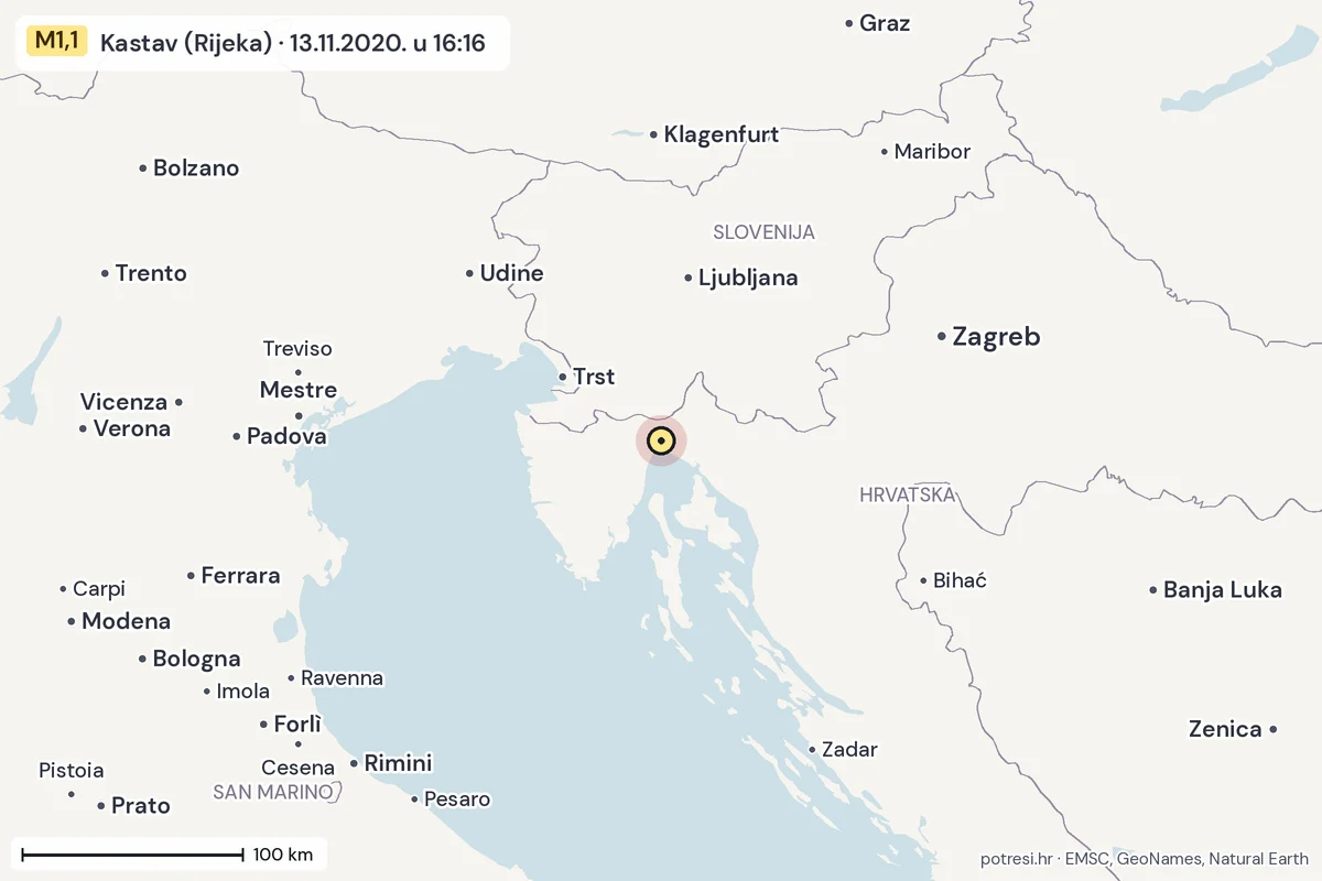 Karta: šire područje, 600 km, potres M1,1, Kastav (Rijeka), 13.11.2020.
