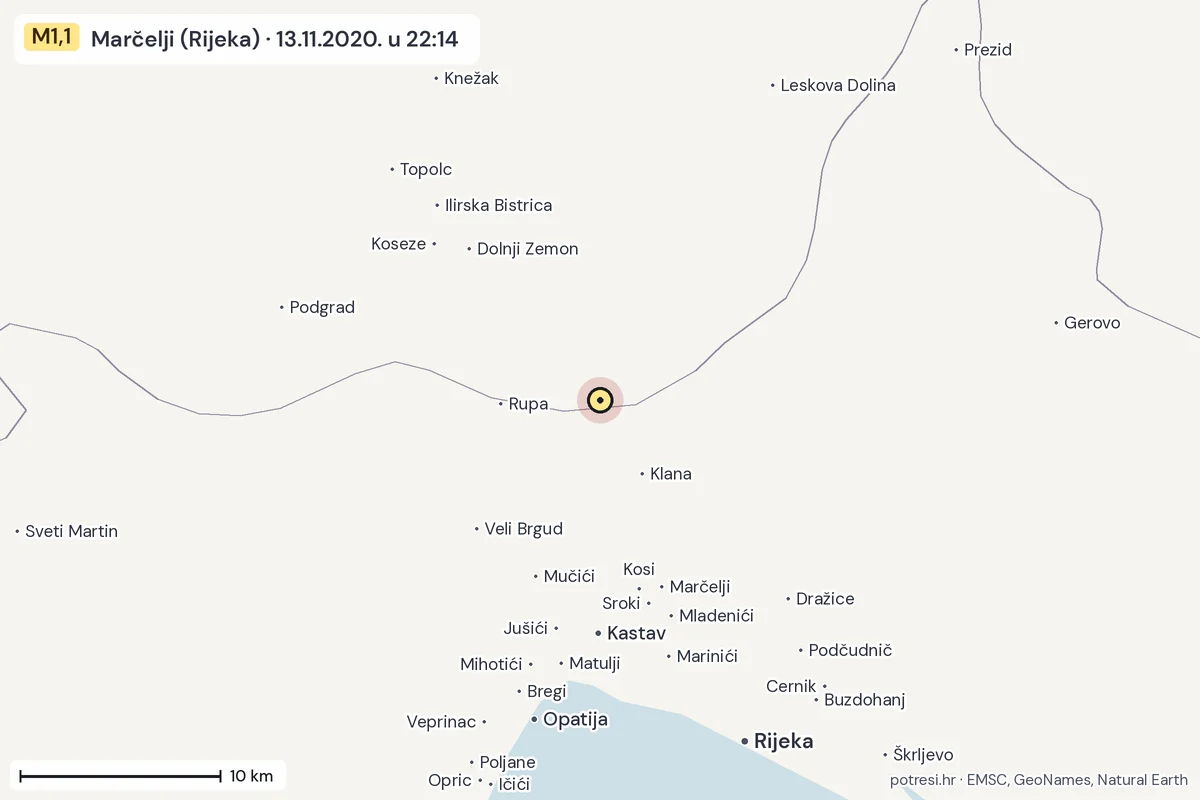 Karta: okolica epicentra, 60 km, potres M1,1, Marčelji (Rijeka), 13.11.2020.