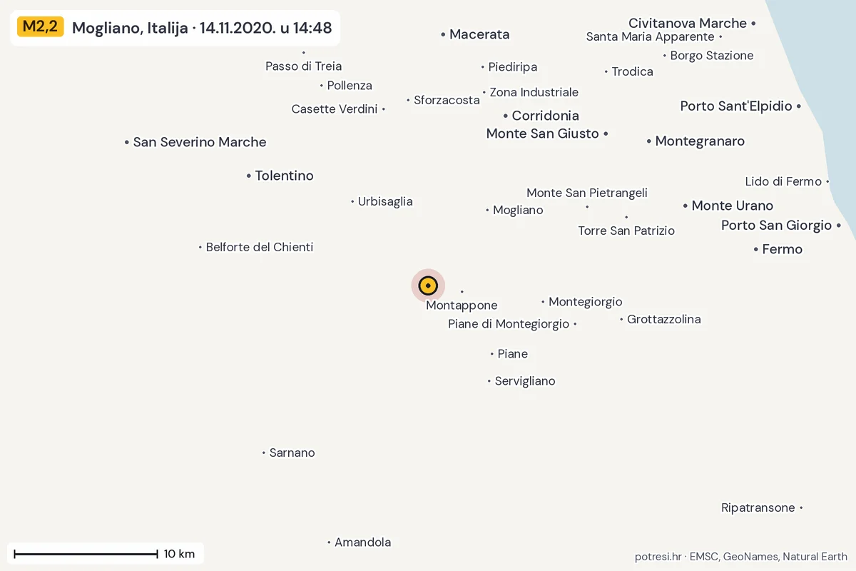 Karta: okolica epicentra, 60 km, potres M2,2, Mogliano, Italija, 14.11.2020.