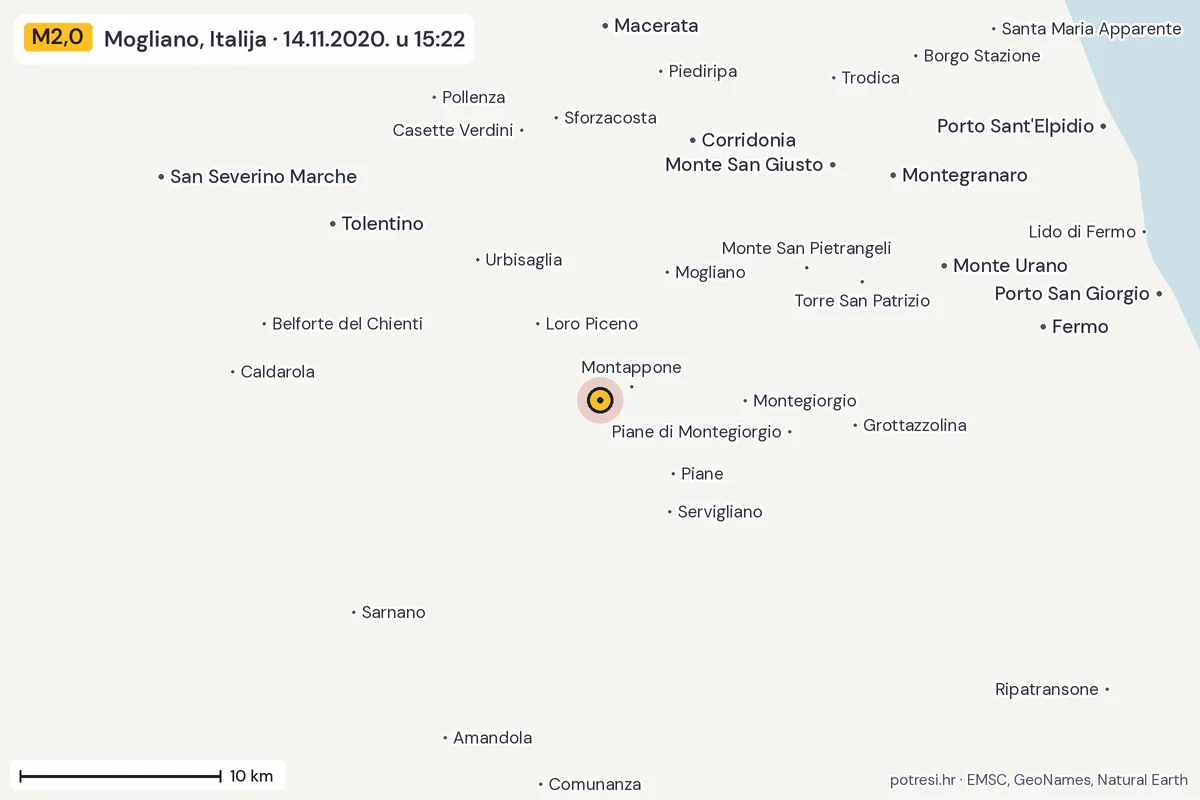 Karta: okolica epicentra, 60 km, potres M2,0, Mogliano, Italija, 14.11.2020.